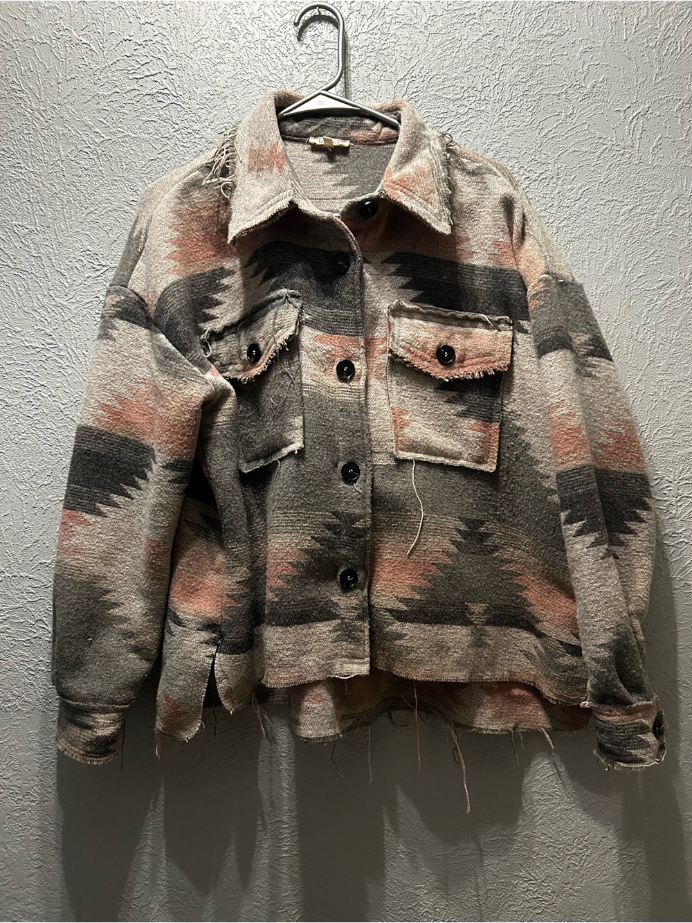 LA MIEL Aztec-Print Oversized Jean Shacket in Beige, Coral, and Charcoal